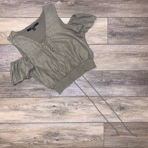 green shimmery off the shoulder crop top